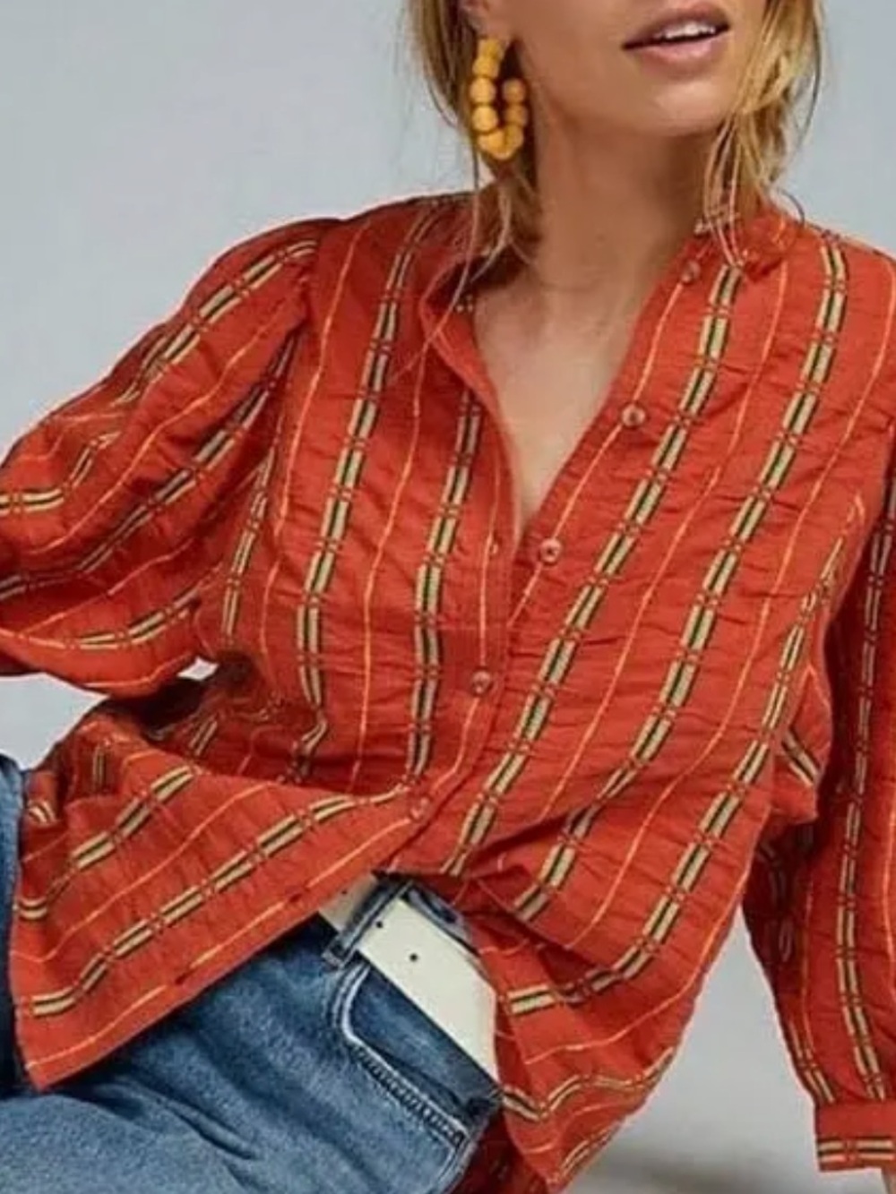 Pilcro The Bella Femme Top Button Front Orange 3/4 Puff Sleeves Size Small